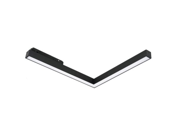 Narożna czarna oprawa szynowa magnetyczna LED 24 W z dyfuzorem na białym tle