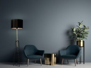 Miniaturka 2 - Lampa podłogowa Palemena w salonie z granatowymi fotelami