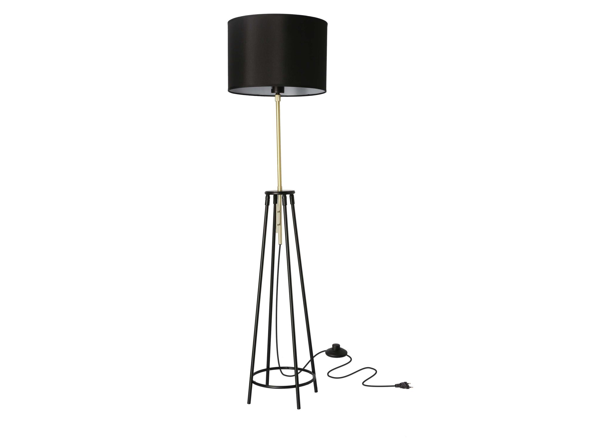 Lampa podłogowa Palemena czarna ze złotym ramieniem, trójnogiem i walcowym abażurem