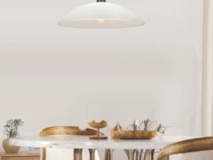 Miniaturka 5 - Lampa wisząca Paletano, białe szkło i miedziana podsufitka w jadalni