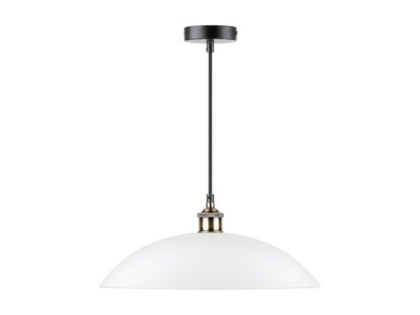 Lampa wisząca Paletano z białym szklanym kloszem i czarną podsufitką, wykończenie patynowane