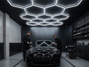 Miniaturka 1 - Moduły Honey Comb LED w rozbudowanej instalacji sufitowej w warsztacie, przykład aranżacji
