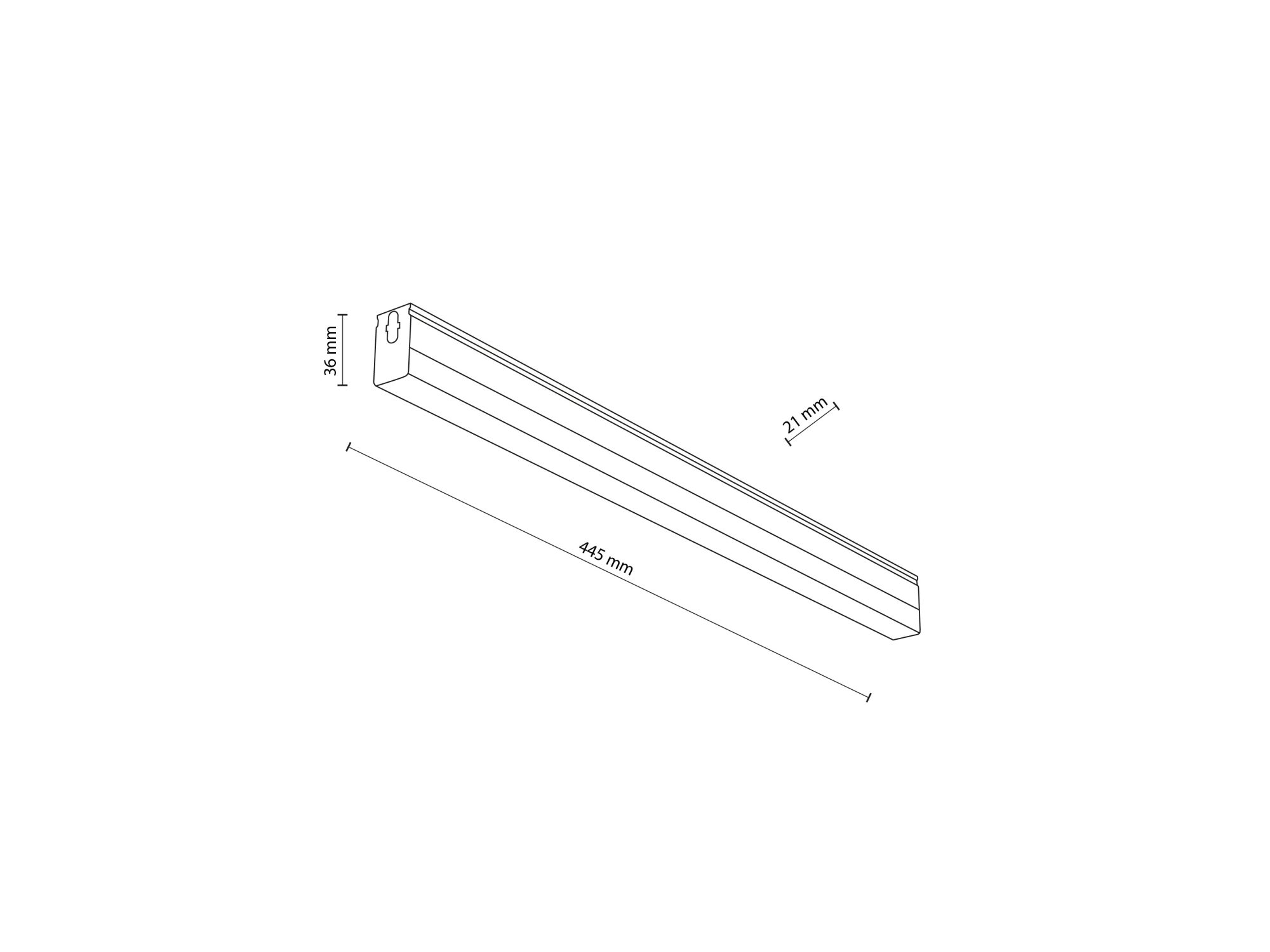 Rysunek panelu Honey Comb prostego 7 W, długość 445 mm, wysokość 36 mm, głębokość 21 mm