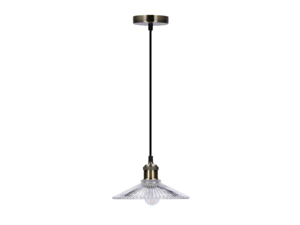 Lampa wisząca Perela ze szklanym ryflowanym kloszem i wykończeniem patyna na białym tle
