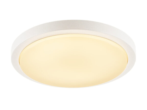 Biały plafon Ainos LED, okrągła oprawa widziana od przodu
