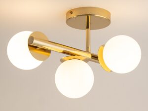 Miniaturka 6 - Plafon Avola 3 z błyszczącą złotą oprawą i trzema świecącymi białymi kulami