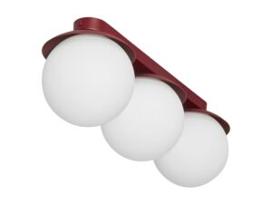 Miniaturka 1 - Burgundowy plafon KUUL B z trzema mlecznymi kloszami, cały produkt na białym tle