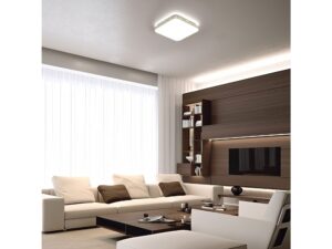 Miniaturka 7 - Plafon LED Ilinira 11 W w nowoczesnym salonie z jasną sofą i ciemną ścianą