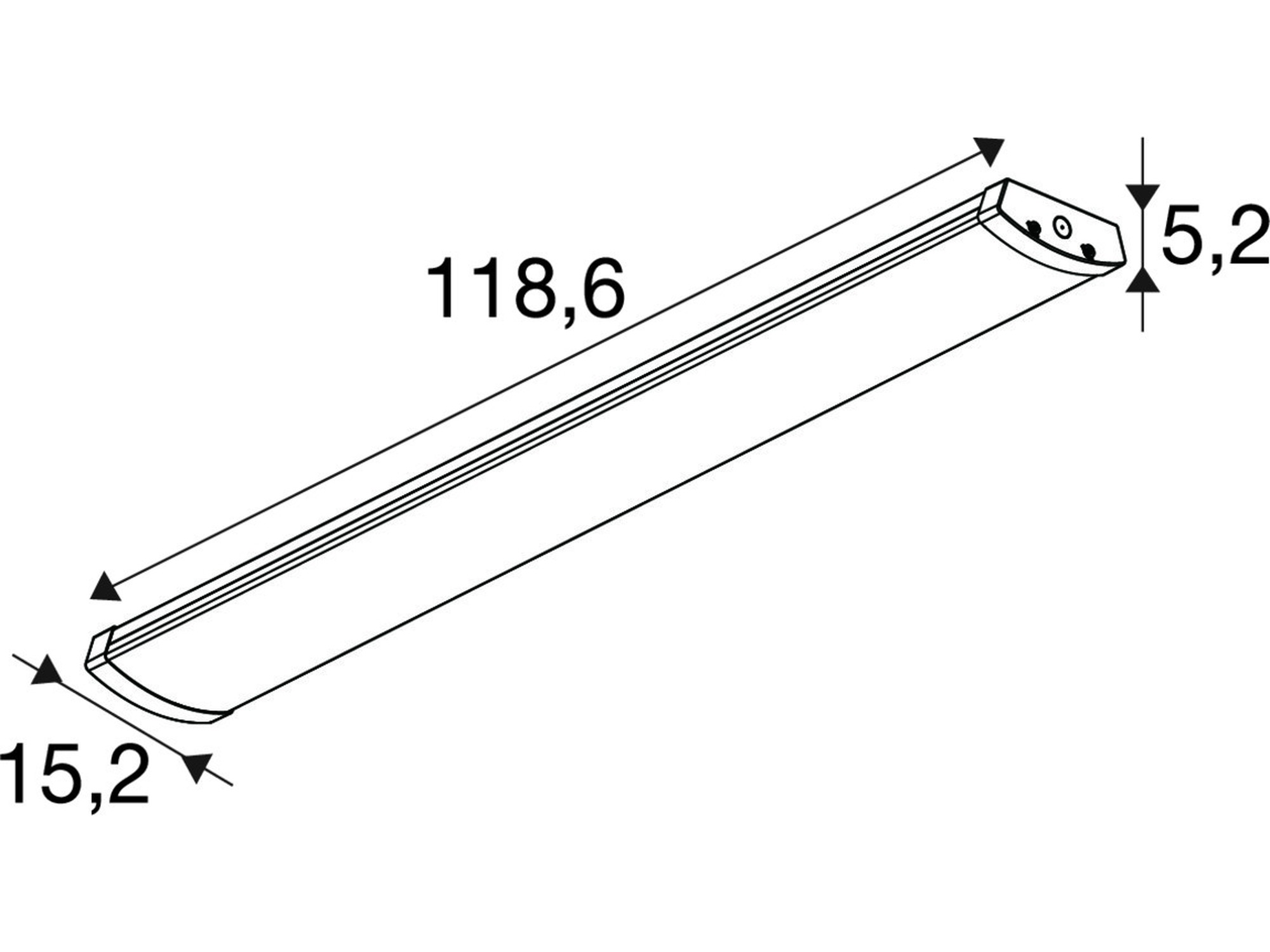 Plafon liniowy Listten Flat P biały, rysunek wymiarowy oprawy 118,6 cm