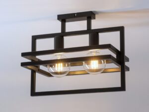 Miniaturka 2 - Plafon Merci 2 czarny zamontowany przy suficie, dwie świecące żarówki w geometrycznych ramach