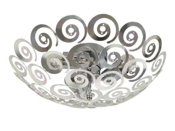 Plafon okrągły metalowy srebrny 40 cm z ażurowym wzorem spiralnym, widok od dołu