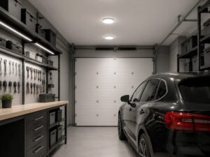 Miniaturka 1 - Białe plafony sufitowe Oyster LED 12 W w aranżacji garażu