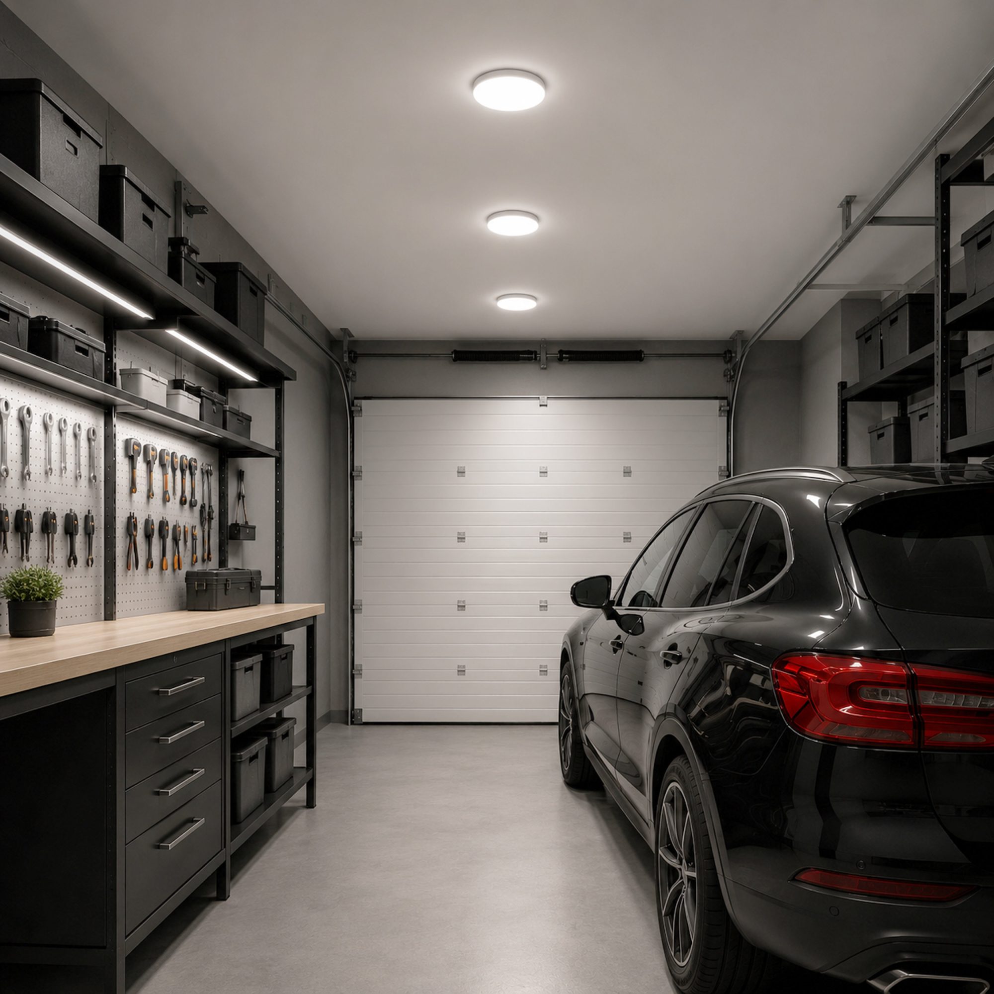 Białe plafony sufitowe Oyster LED 12 W w aranżacji garażu