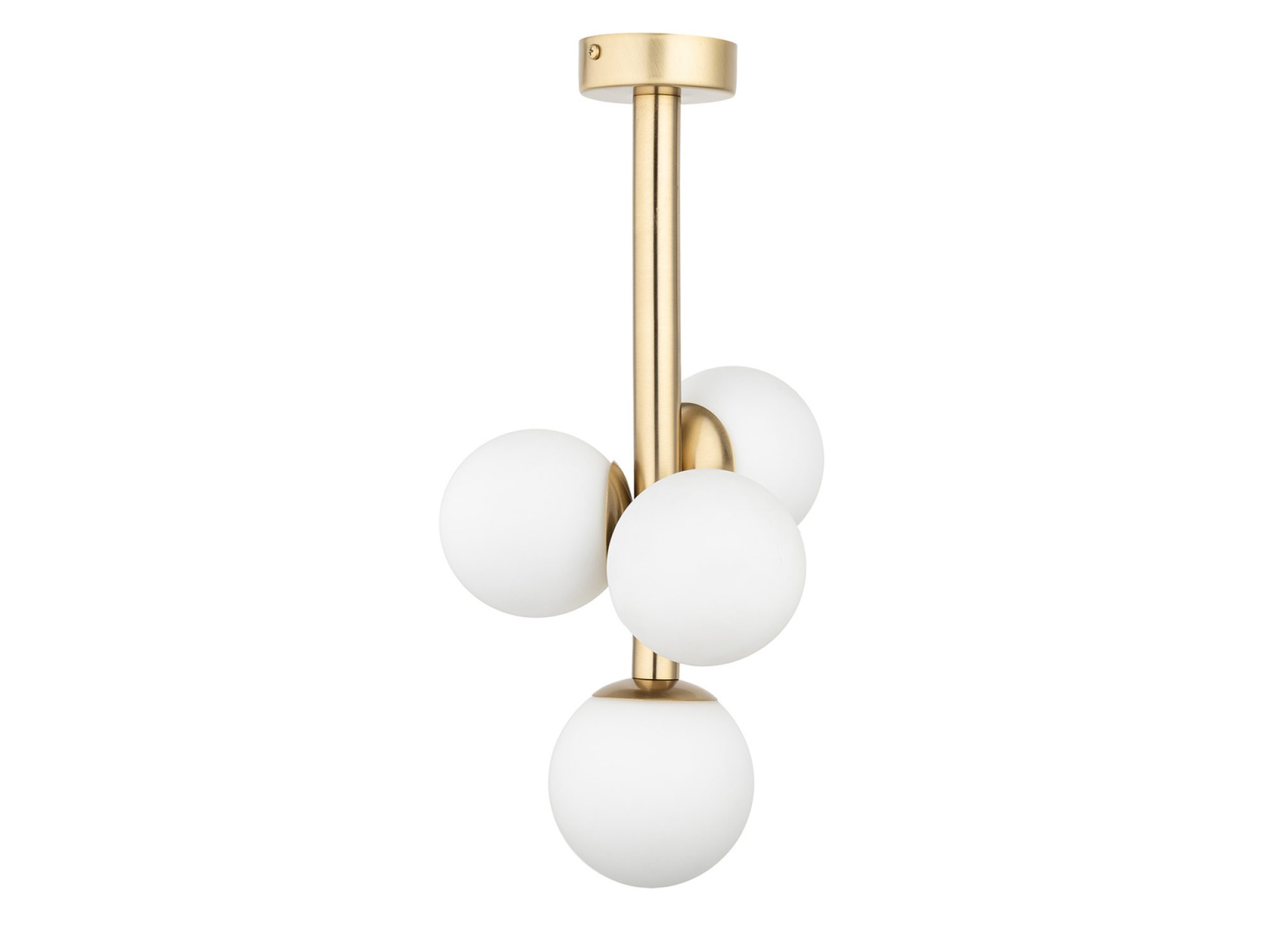 Plafon Perla Lux 4 z czterema białymi szklanymi kulami i satynowo-złotym stelażem, packshot