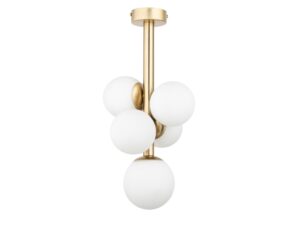 Miniaturka 3 - Plafon Perla Lux 5 ze złotym satynowym korpusem i pięcioma białymi szklanymi kulami, pełna lampa na białym tle