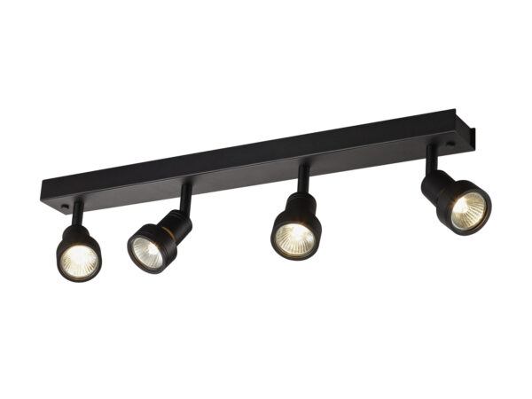 Czarna lampa Puri CW z czterema regulowanymi reflektorami GU10 na listwie