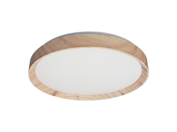 Okrągły plafon Solovena LED 48 cm z dekorem jasnego drewna na białym tle