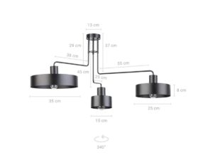 Miniaturka 4 - Rysunek wymiarowy czarnego plafonu Vasco 3 z trzema metalowymi kloszami