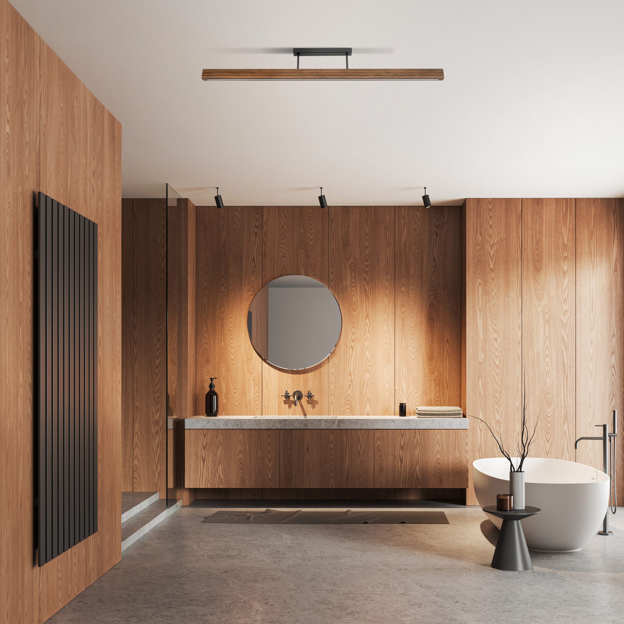 Plafon Viga Wood LED w odcieniu orzech w aranżacji wnętrza