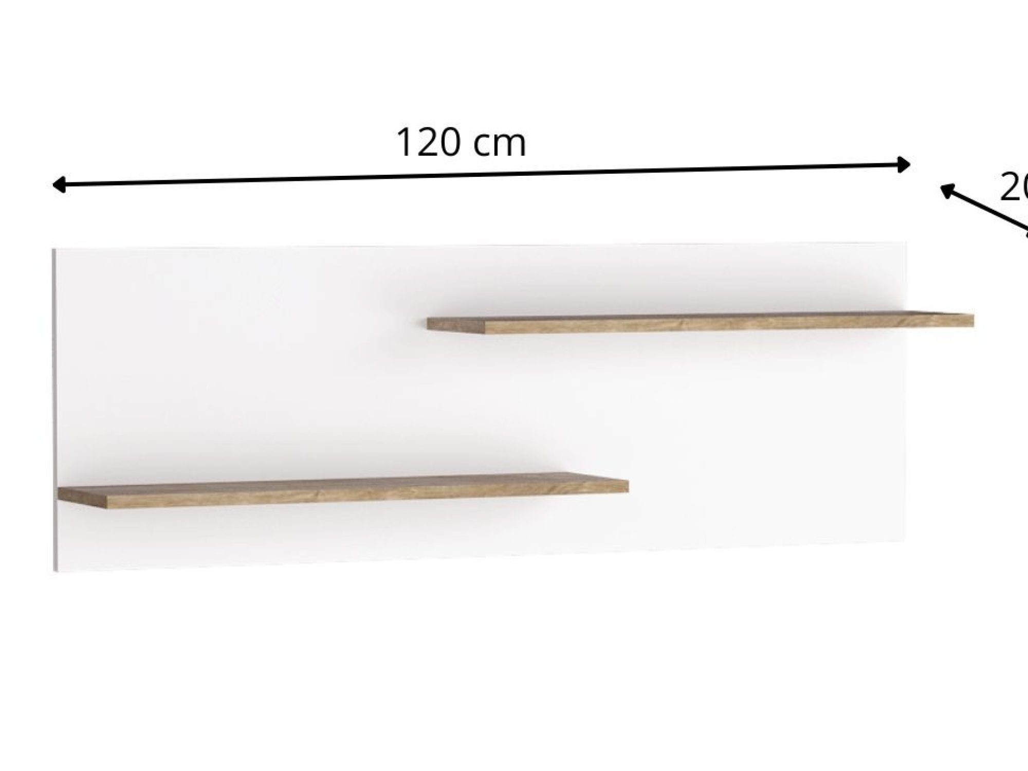 Półka ścienna Nalvio 120 cm z linią wymiarową na białym tle