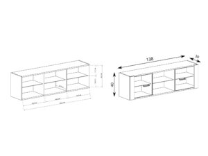 Miniaturka 6 - Półka Brenza schemat wymiarów 138 na 30 na 40 cm i podział wnętrza