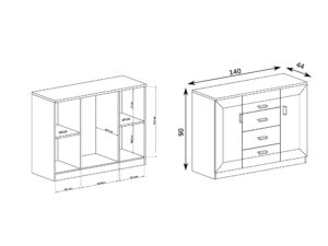 Miniaturka 3 - Komoda Pradella 140 cm, schemat półek i czterech szuflad