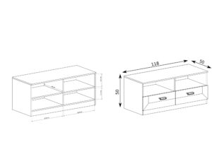 Miniaturka 3 - Szafka RTV Pradella 118 cm, rysunek dwóch wnęk i szuflad