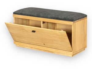 Miniaturka 1 - Pufa dębowa Corvena z uchylonym frontem i wnętrzem schowka – widok pod kątem
