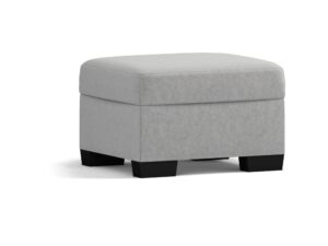Miniaturka 2 - Pufa tapicerowana Lucavio 66 cm widziana z boku – szara tkanina, niskie czarne nóżki, białe tło