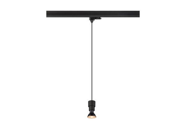 Puri 2.0 Basic czarna lampa wisząca GU10 na szynie trójfazowej – ujęcie ze światłem