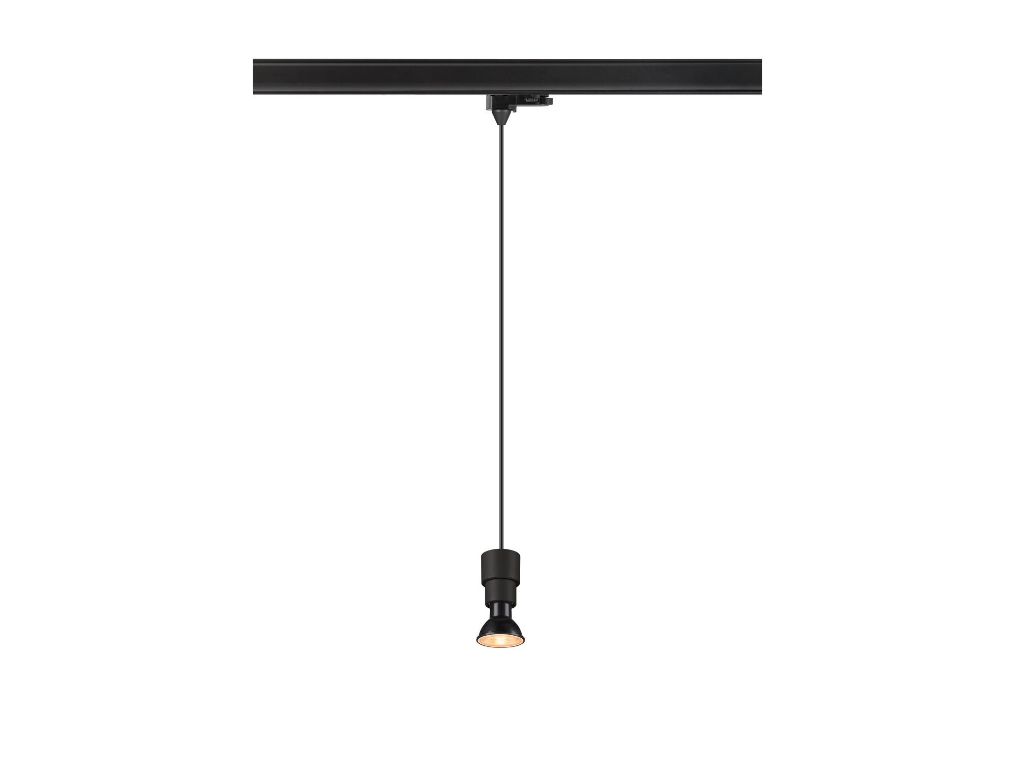 Puri 2.0 Basic czarna lampa wisząca GU10 na szynie trójfazowej – ujęcie ze światłem
