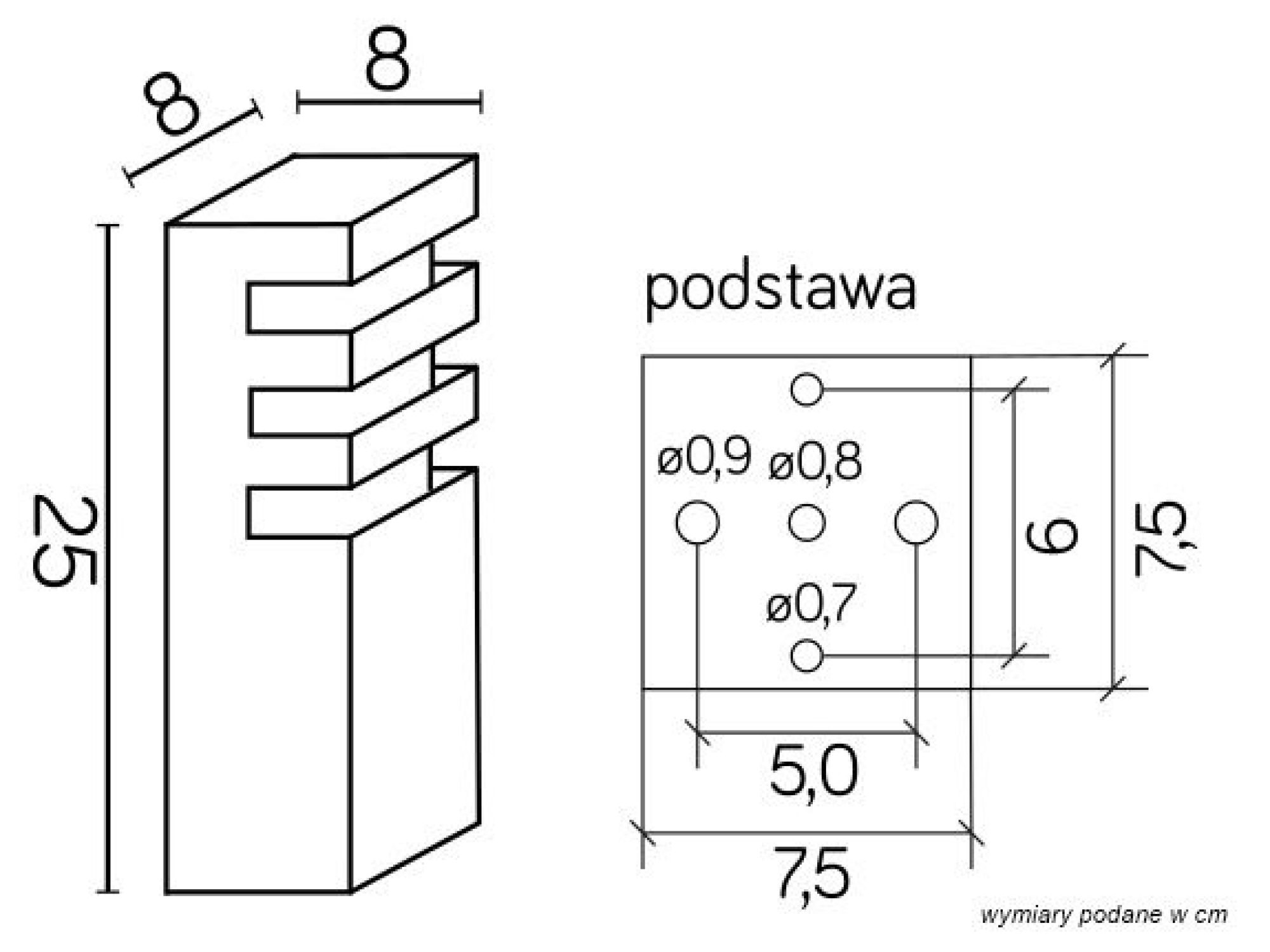 Rysunek wymiarowy lampy ogrodowej stojącej RADO 3