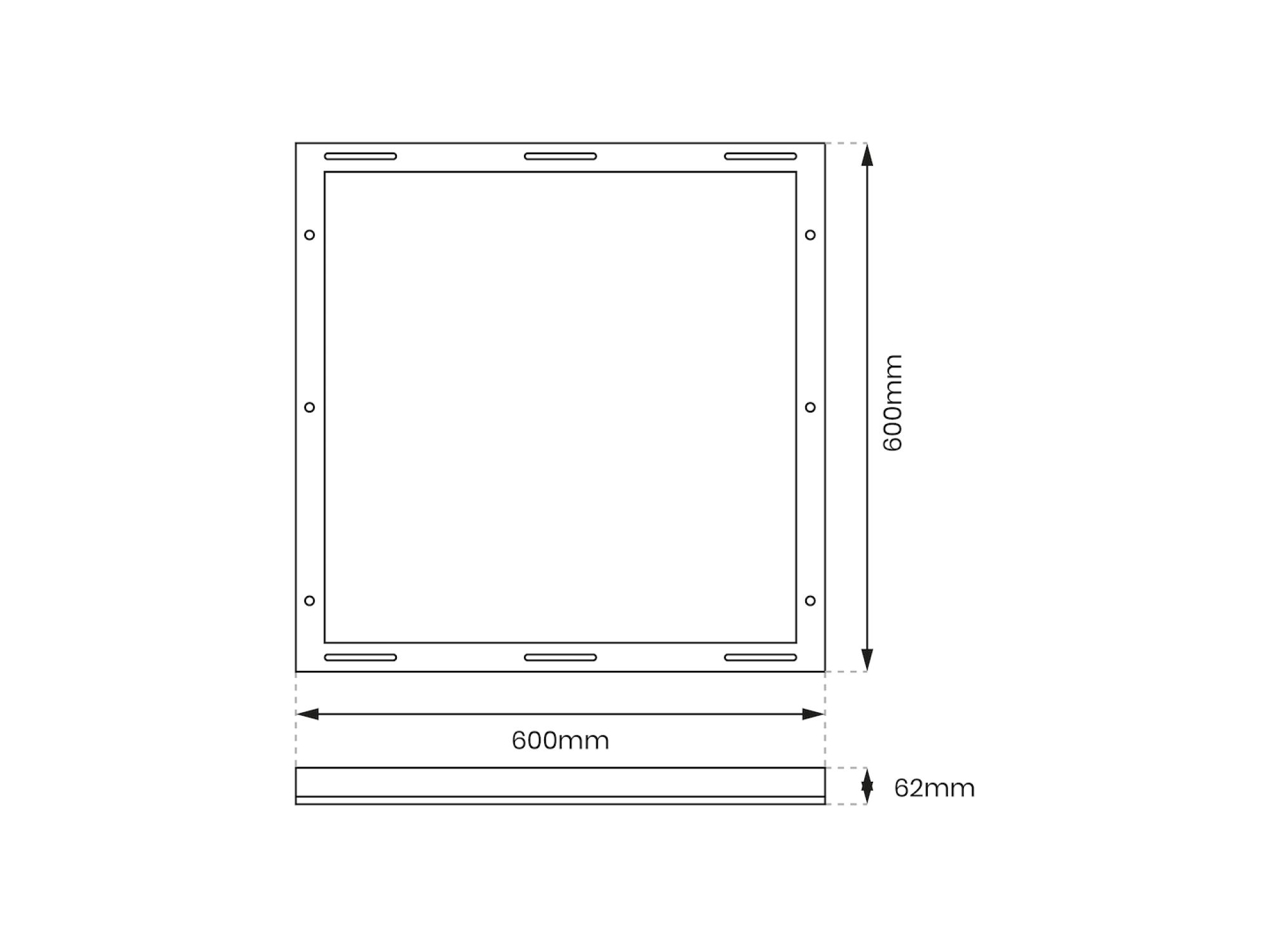 Rysunek wymiarów ramki do panelu LED 60 na 60 cm