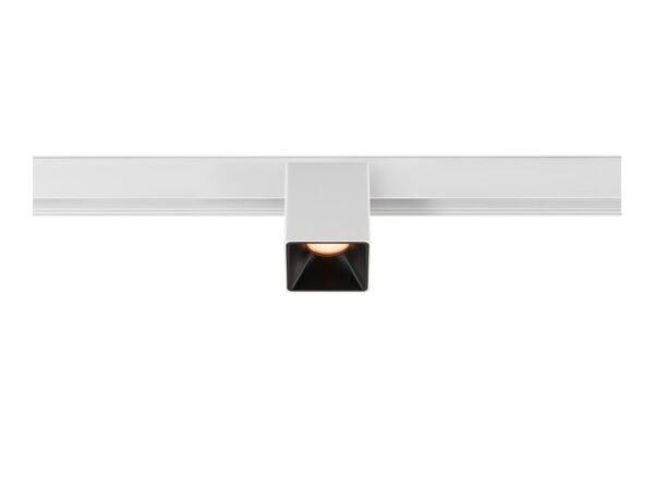 Biało-czarny reflektor szynowy Fix-It! 48 V DALI 2700 K na białej szynie