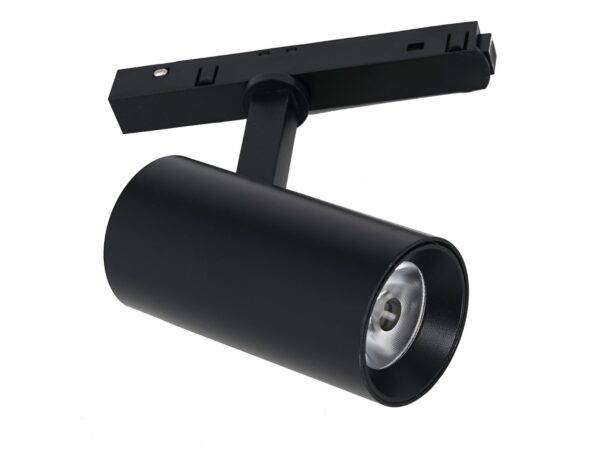 Czarny cylindryczny reflektor szynowy magnetyczny LED 10 W z uchwytem na białym tle