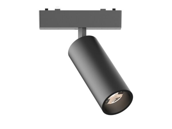 Czarny reflektor LED do szyny magnetycznej 9 W z cylindryczną głowicą na białym tle