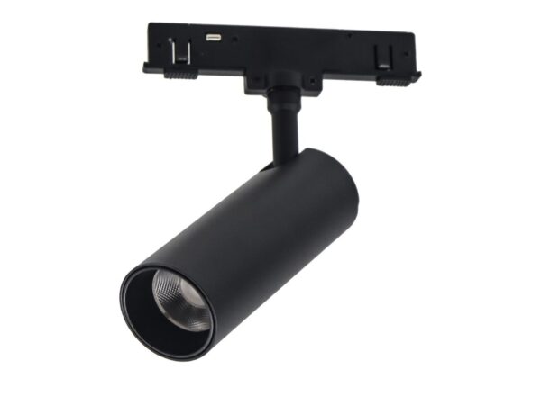 Czarny cylindryczny reflektor magnetyczny LED 5 W na krótkim wsporniku na białym tle