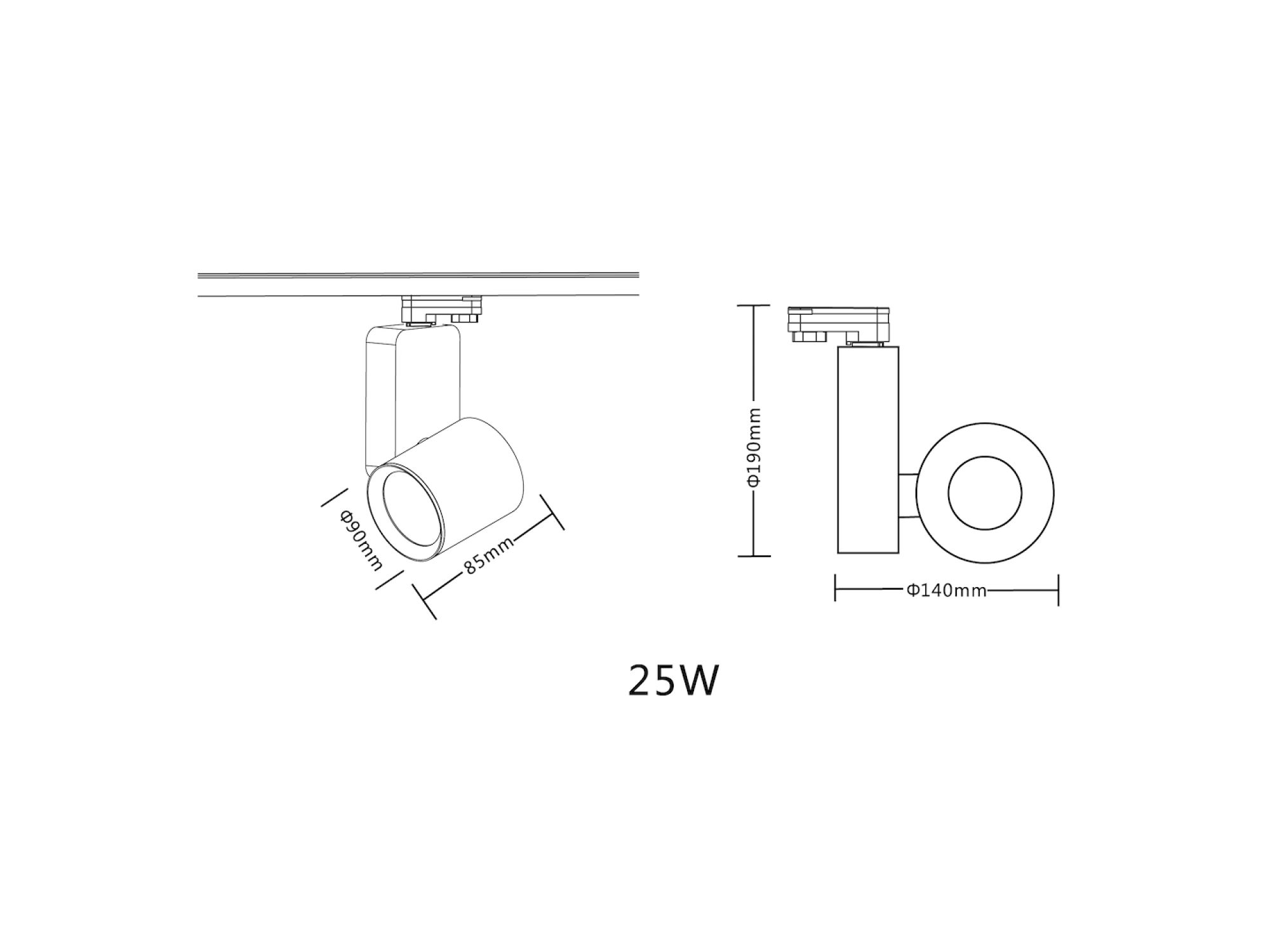 Reflektor szynowy LED 25 W, rysunek techniczny z wymiarami
