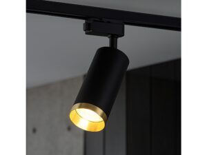 Miniaturka 4 - Czarny reflektor szynowy GU10 ze złotym ringiem zamontowany na czarnej szynie