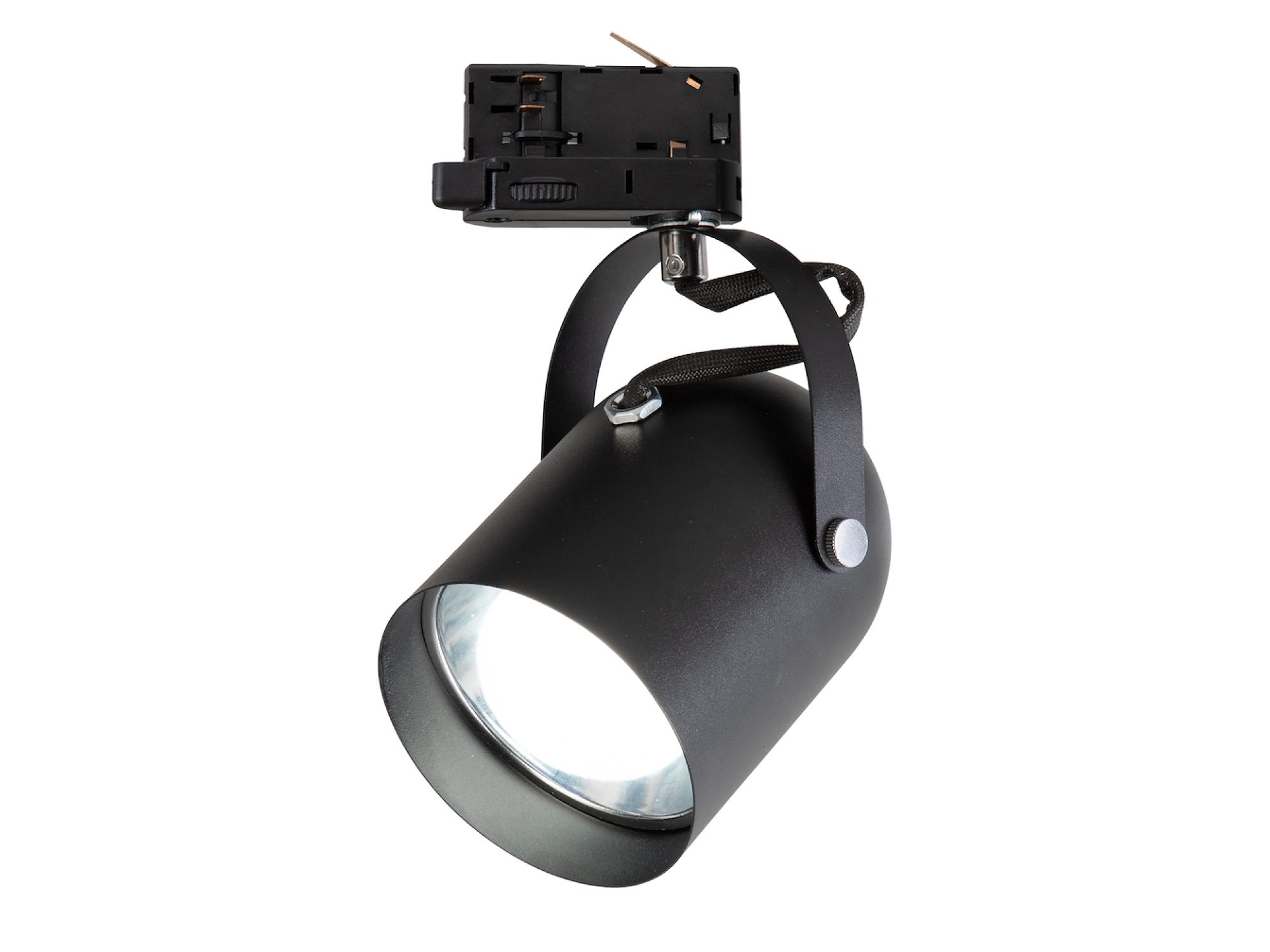 Czarny cylindryczny reflektor szynowy E27 z adapterem widok z boku