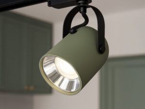 Miniaturka 8 - Zbliżenie szałwiowego reflektora E27 na szynie z czarnym uchwytem