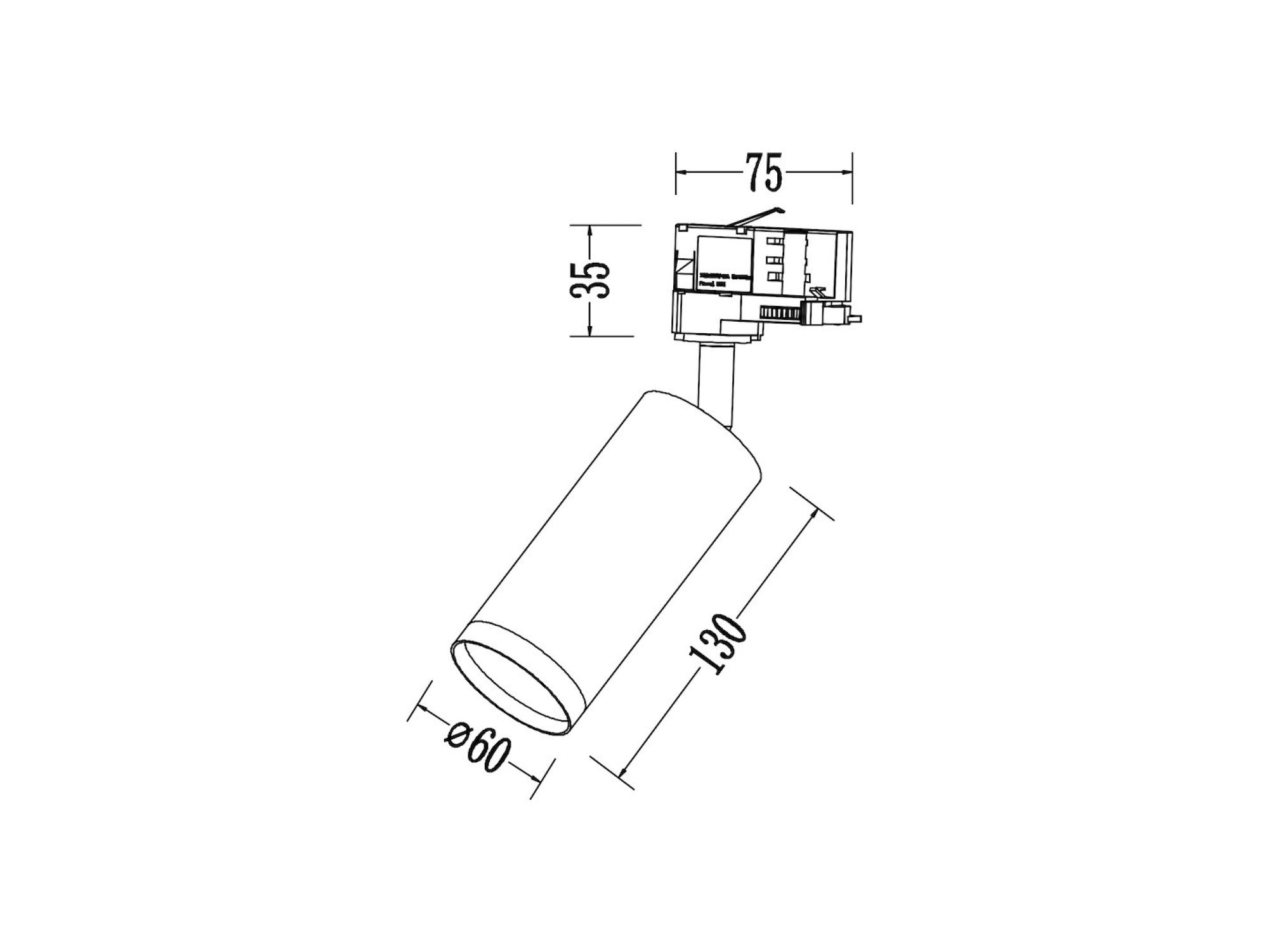 Schemat reflektora GU10: cylinder długość 130 mm, średnica 60 mm i adapter