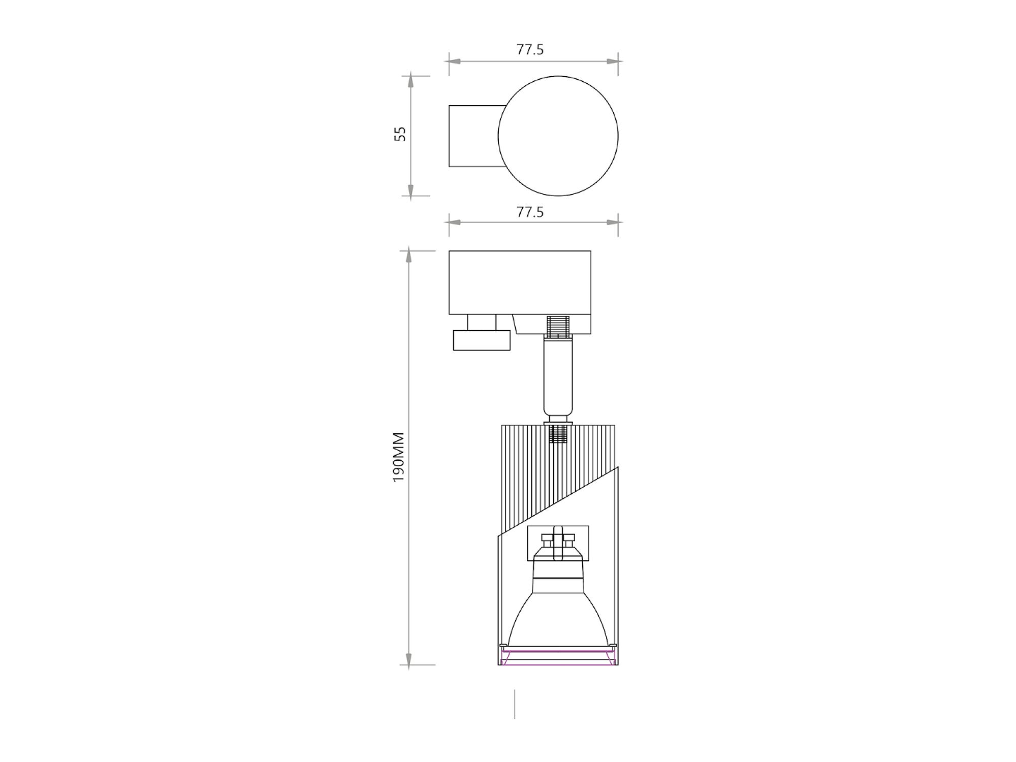 Reflektor szynowy GU10 – schemat wysokości 190 mm