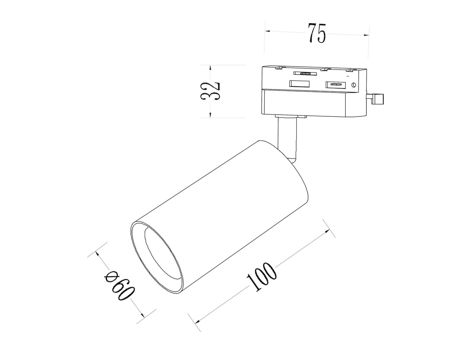 Schemat wymiarowy oprawy szynowej GU10: korpus 100 mm średnica 60 mm