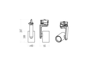 Miniaturka 10 - Rysunek wymiarowy oprawy szynowej GU10 wysokość 207 mm i średnica 60 mm