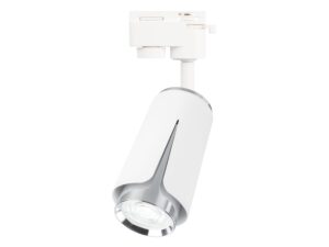 Miniaturka 1 - Biało-chromowany reflektor szynowy GU10 z dekoracyjnym rozcięciem klosza i adapterem na białym tle