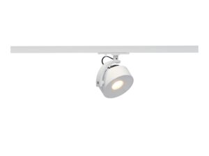 Miniaturka 6 - Biały reflektor szynowy Kalu Track LED, widok frontu i adaptera 1-fazowego