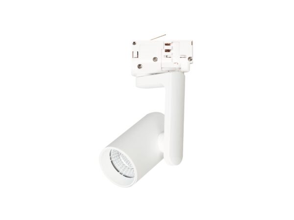 Biały reflektor szynowy LED 10 W z adapterem 3-obwodowym na białym tle