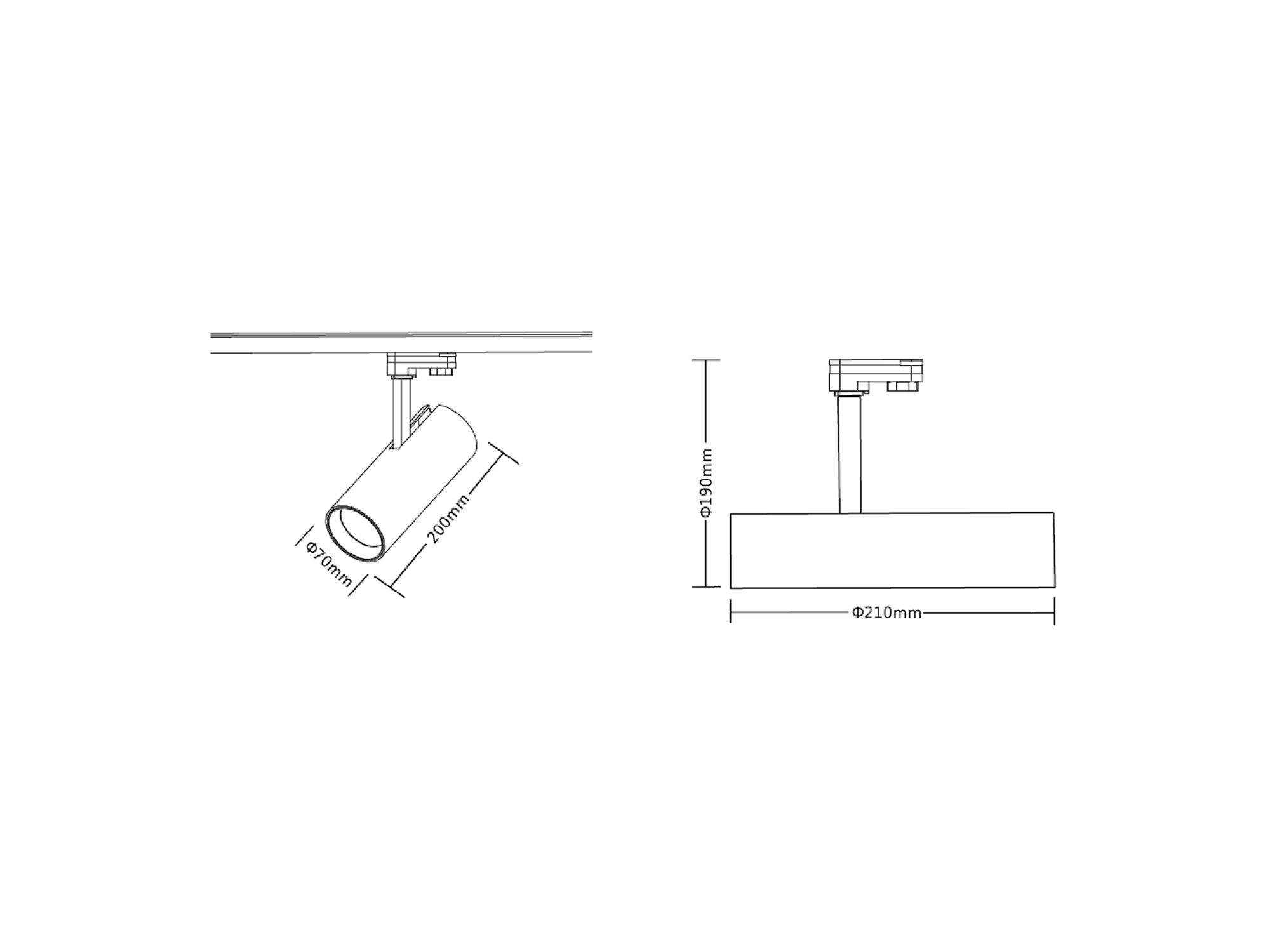 Rysunek wymiarowy cylindrycznego reflektora szynowego LED 35 W