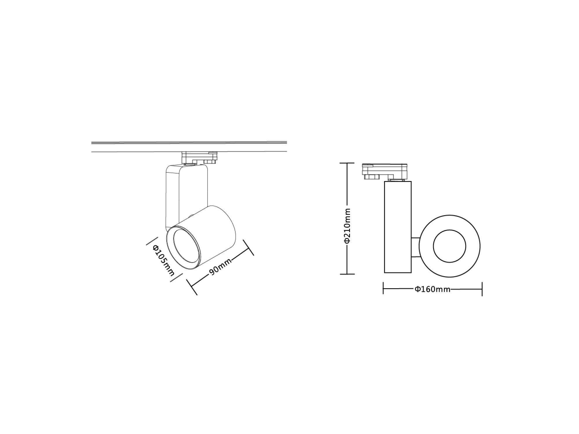 Schemat wymiarowy reflektora LED 35 W z adapterem szynowym